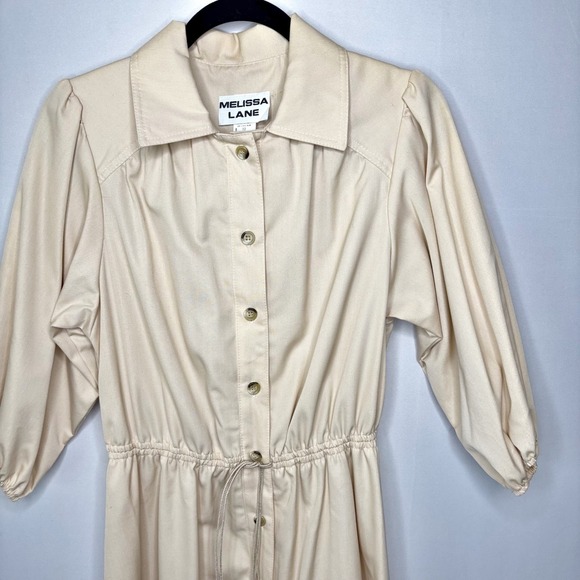 60s Melissa Lane Vintage Shirt Dress Size L‎ Beige Drawstring Waist Puff Sleeve - Picture 4 of 12